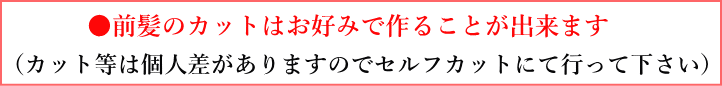 前髪のカットはお好みで作ることが出来ます。カット等は個人差がありますのでセルフカットにて行って下さい