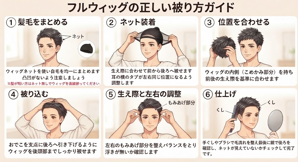 男性用フルウィッグの自然な装着方法