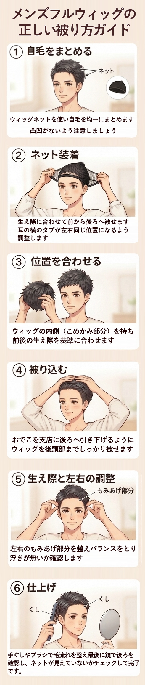 男性用フルウィッグの自然な装着方法