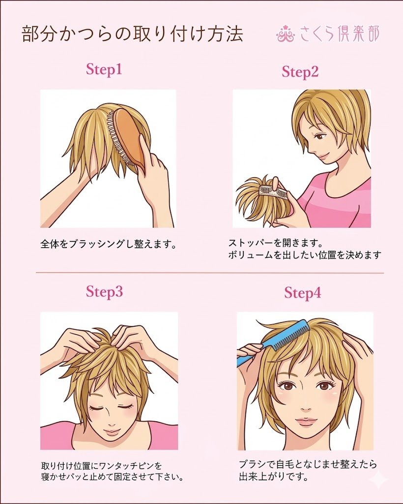 女性用部分ウィッグの装着方法画像