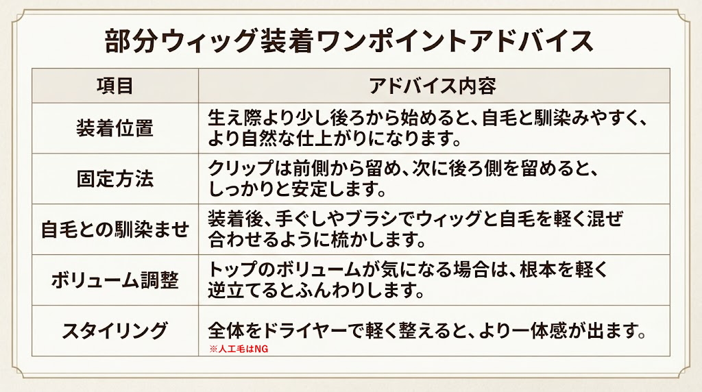 部分ウィッグの正しい装着位置と手順