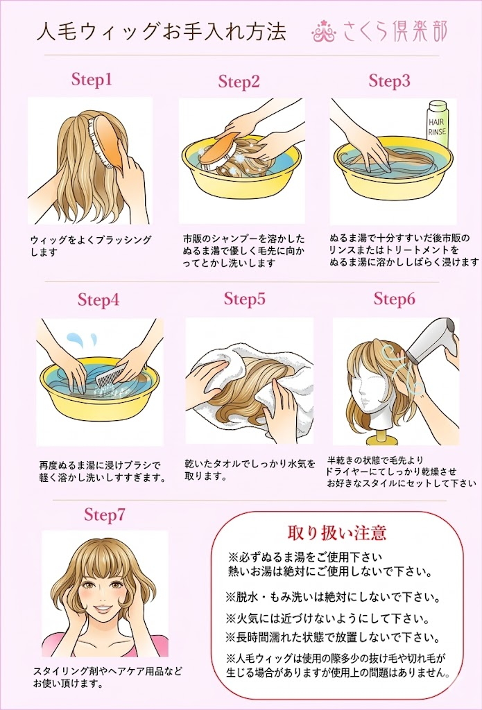 女性用フルウィッグのシャンプー方法の説明