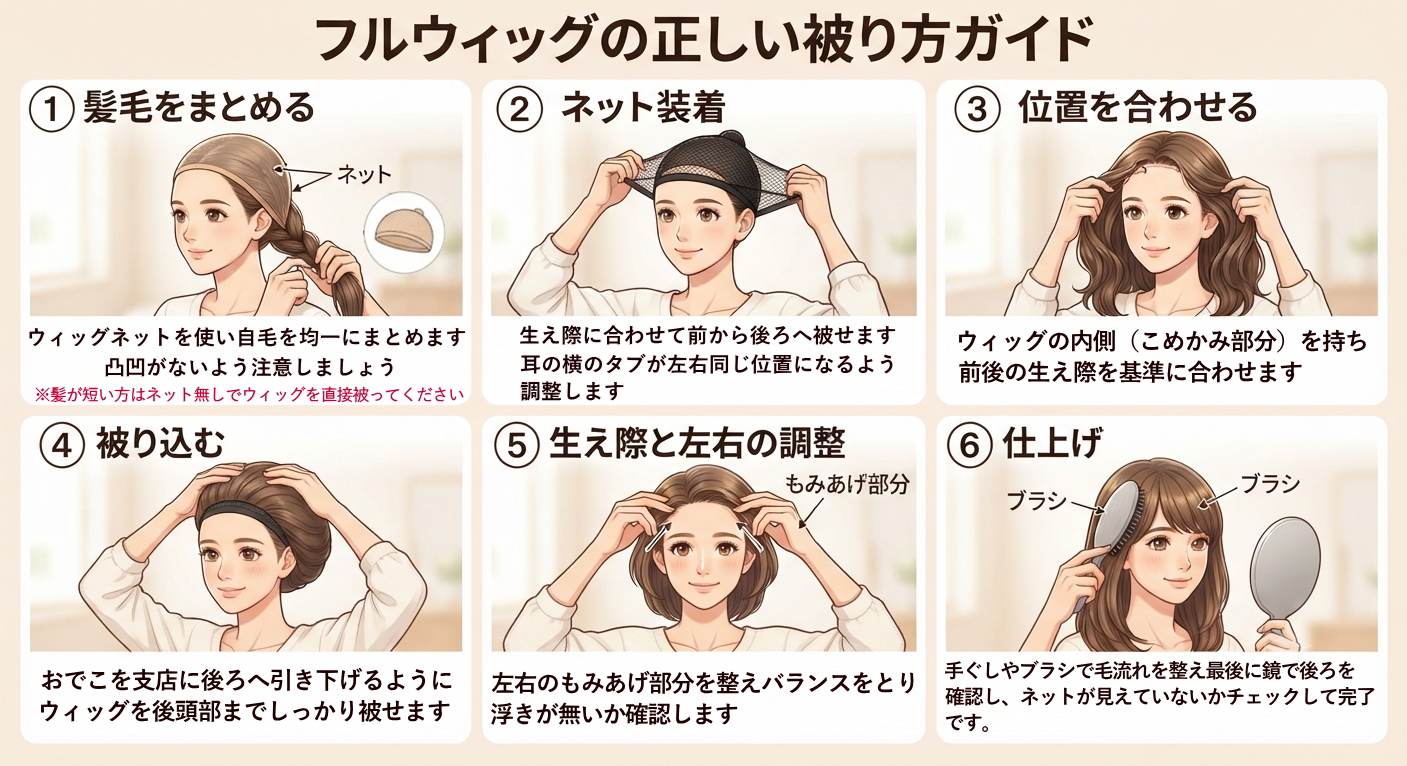 女性用フルウィッグの自然な装着方法