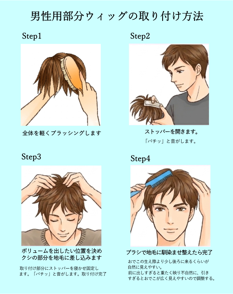 男性用部分ウィッグの装着方法画像