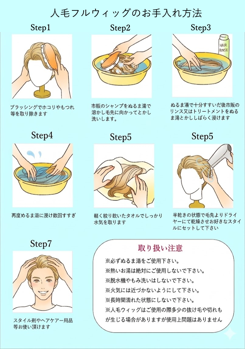 男性用フルウィッグのシャンプー方法の説明