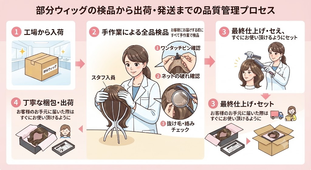 部分ウィッグの専門スタッフによる検品作業風景