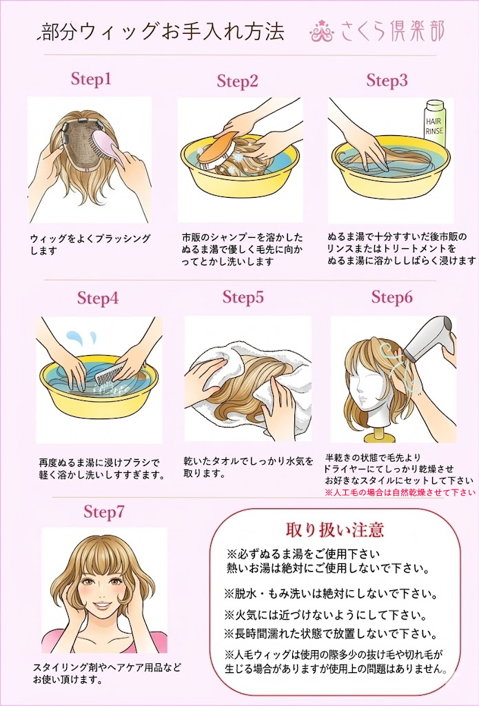 女性用部分ウィッグのシャンプー方法画像