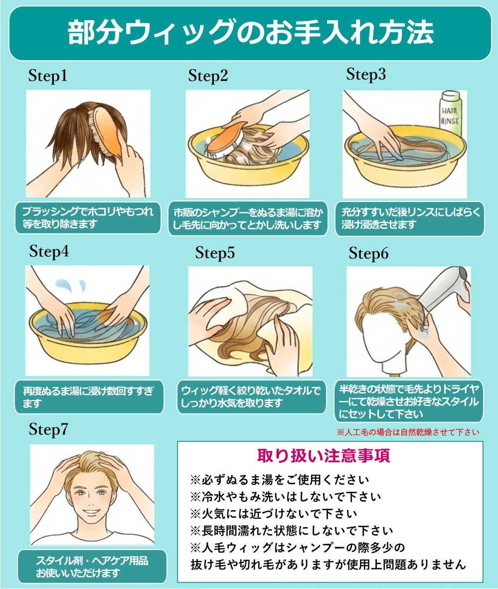 男性用部分ウィッグのシャンプー方法画像